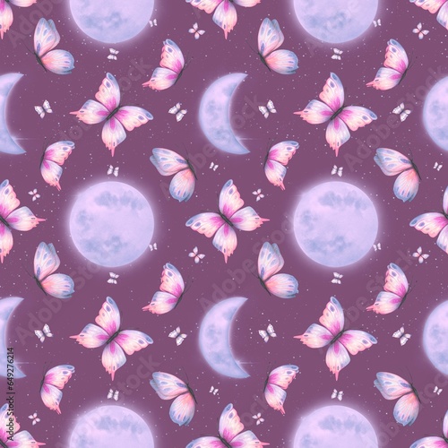 Watercolor seamless pattern with butterflies and moon.