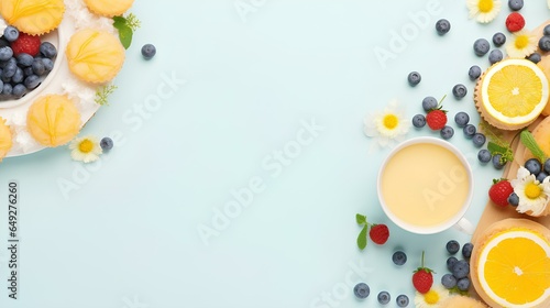 Morning family breakfast table setting, sunny yellows and fresh blues, kitchen setting, top-down view. generative AI