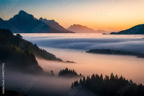 Natural fog and mountains sunlight background blurring  misty waves warm colors and bright sun light. Christmas background sky sunny color orange light patterns  abstract flare evening on clouds blur.