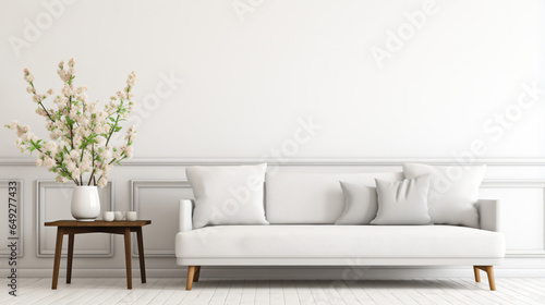 Flowers on wooden table and grey settee in white living room