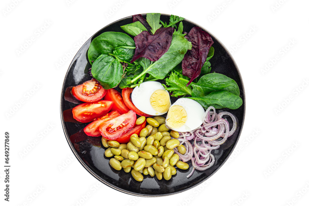 edamame bean salad vegetables, tomato, boiled egg appetizer meal food snack on the table copy space food background rustic top view