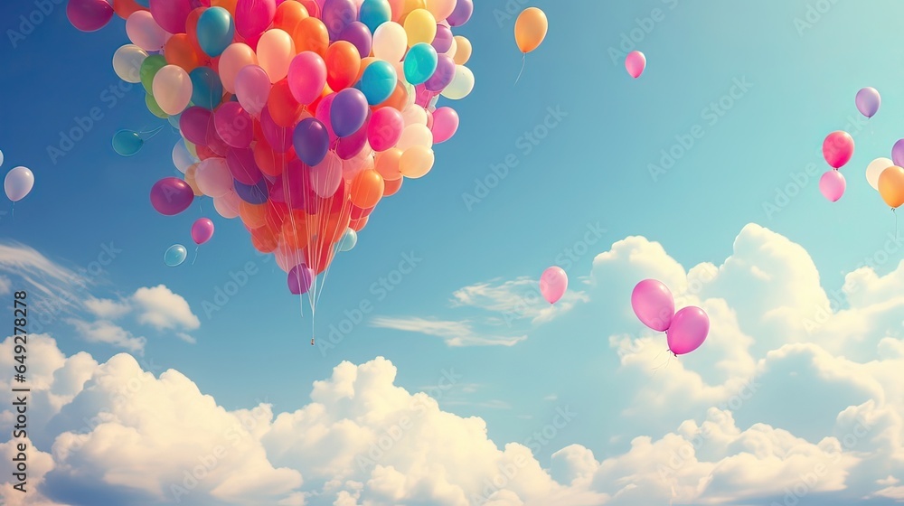Skyward celebration, buoyant colors, airborne festivity, balloon bouquet, peaceful skyward drift, whimsical flight, sky-bound vibrancy. Generated by AI.