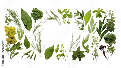 Collection of fresh spices and herbs isolated on white background