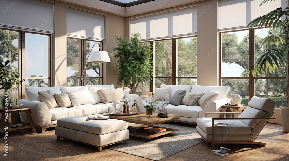 Modern Living Room with Solar Shades and Palm Trees Modern Living Room with Solar Shades and Palm Trees