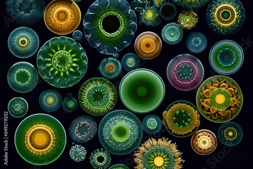 This macro image shows a population of microscopic algae that is composed of a variety of species photo