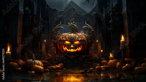 Happy Halloween background (backdrop, banner, backdrop). Enchanted, futuristic, surrealistic scenery with pumpkin heads and typical Halloween elements
