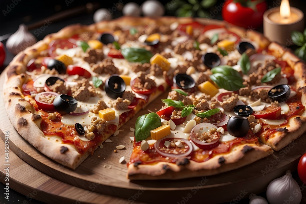 Pizza delicious with pepperoni and saussage mouthwatering, Cheezy pizza Italian style baked perfectly with olive in the food truck Pizza delicious with pepperoni and saussage mouthwatering, Cheezy pizza Italian style baked perfectly with olive in the food truck