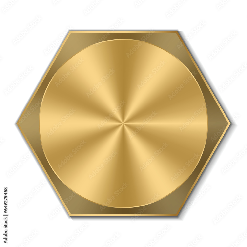 Golden hexagon bolt head. Realistic metal screw. Top view head of bolt