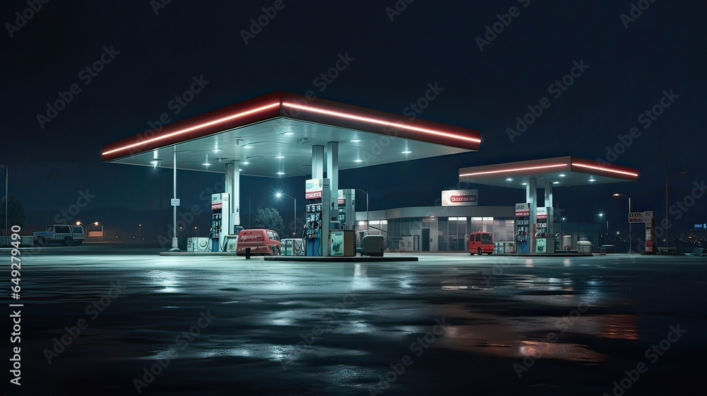 Nighttime refueling, convenience store, fuel pumps, glowing signage