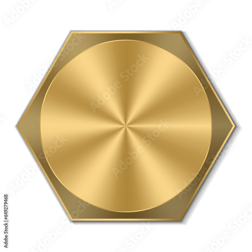 Golden hexagon bolt head. Realistic metal screw. Top view head of bolt. Vector illustration