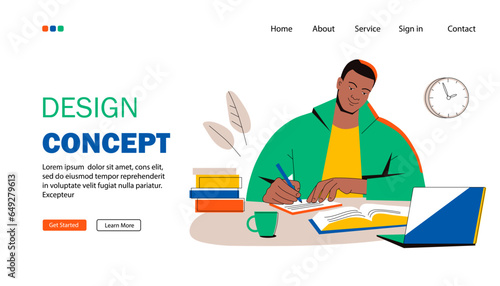 Landing page template. Young man studying with books and laptop. Black student prepares for a test exam, writes an essay, does homework, takes notes. Education concept. Flat vector.