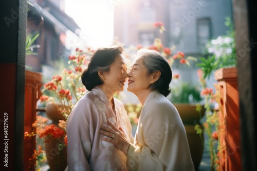 Asian couple of mature lesbian women looking at each other smiling in love.  In love. Symbiosis. Complicity