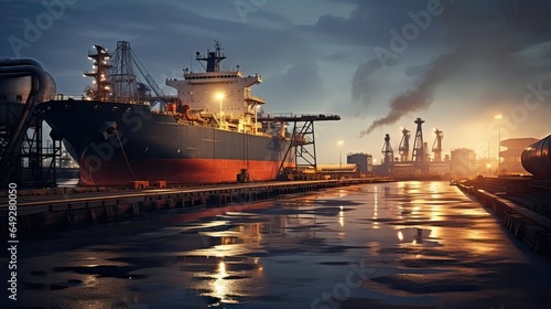 Oil loading, industrial process, tanker vessel, cargo operations, crude oil transportation, energy logistics, maritime industry. Generated by AI.