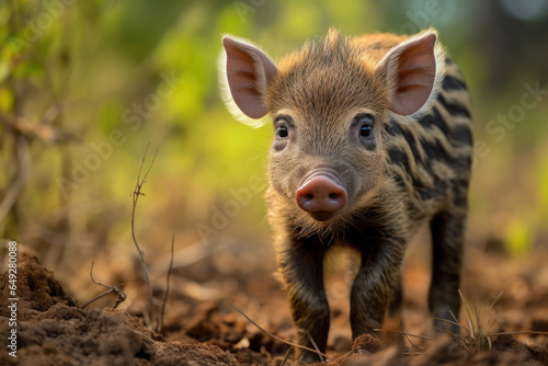 Wild striped boar piglet in the wild