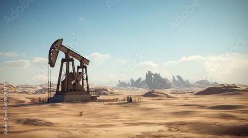 Oil well pump jack in action amidst the expansive desert scenery. Desert drilling, oil extraction, pump machinery, energy production, remote oil field, arid wilderness. Generated by AI.