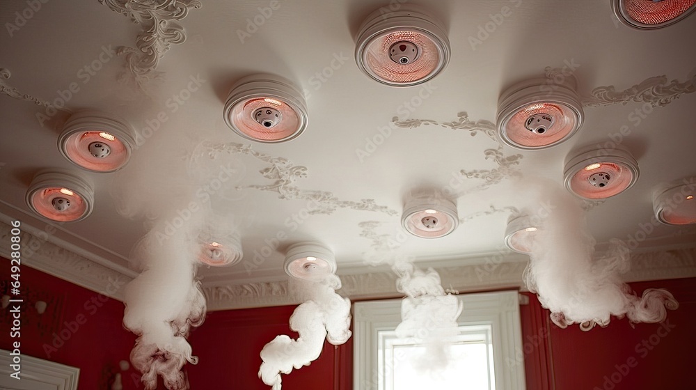 A row of smoke detectors is positioned on the ceiling. Ceiling-mounted fire alarms, fire safety measures, detection technology, safety assurance. Generated by AI. - obrazy, fototapety, plakaty 