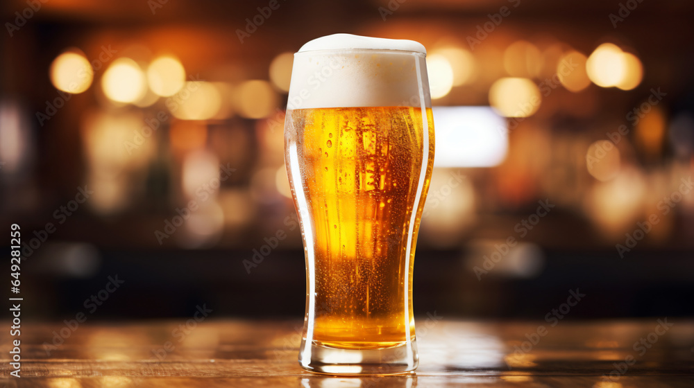 Glass of beer with foam on a wooden table