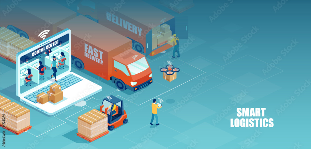 Vector of a logistics distribution centre with workers loading products on the trucks and  logisticians oversee purchasing, transportation, inventory, and warehousing activities