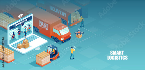 Vector of a logistics distribution centre with workers loading products on the trucks and  logisticians oversee purchasing, transportation, inventory, and warehousing activities