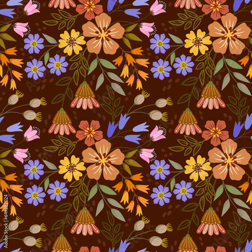 Cute colorful flowers on brown color background seamless pattern. This pattern can beused fro fabriv textile wallpaper.