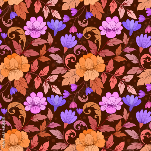Cute colorful flowers on brown color background seamless pattern. This pattern can beused fro fabriv textile wallpaper.