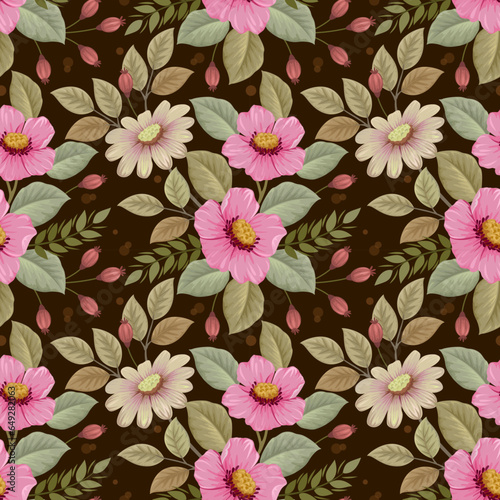 Cute colorful flowers on brown color background seamless pattern. This pattern can beused fro fabriv textile wallpaper.