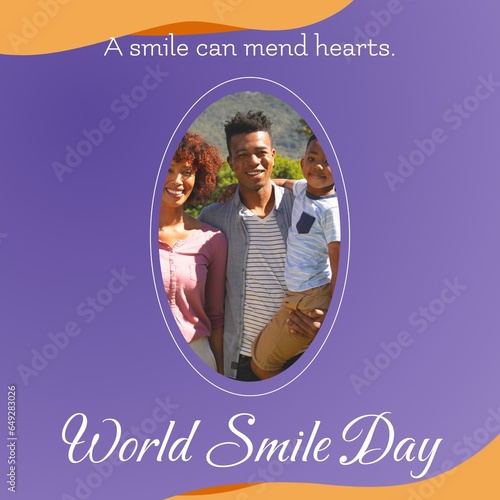 A smile can mend hearts world smile day text and biracial couple and son smiling