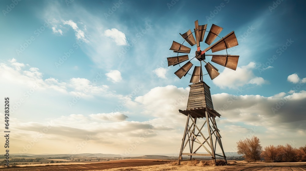 An old wooden windmill framed by the brilliance of a bright sky. Windmill nostalgia, sunny charm, countryside vista, historical fascination, rural elegance. Generated by AI.