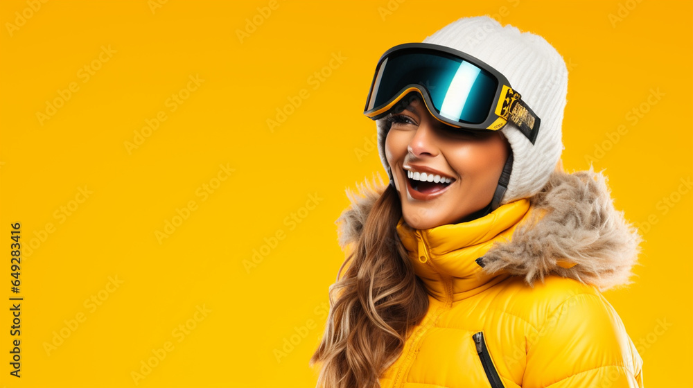 Frau Skifahren, Snowboard, Lachen, Skibrille, Jacke, Berge, Kalt, generative AI Frau Skifahren, Snowboard, Lachen, Skibrille, Jacke, Berge, Kalt, generative AI