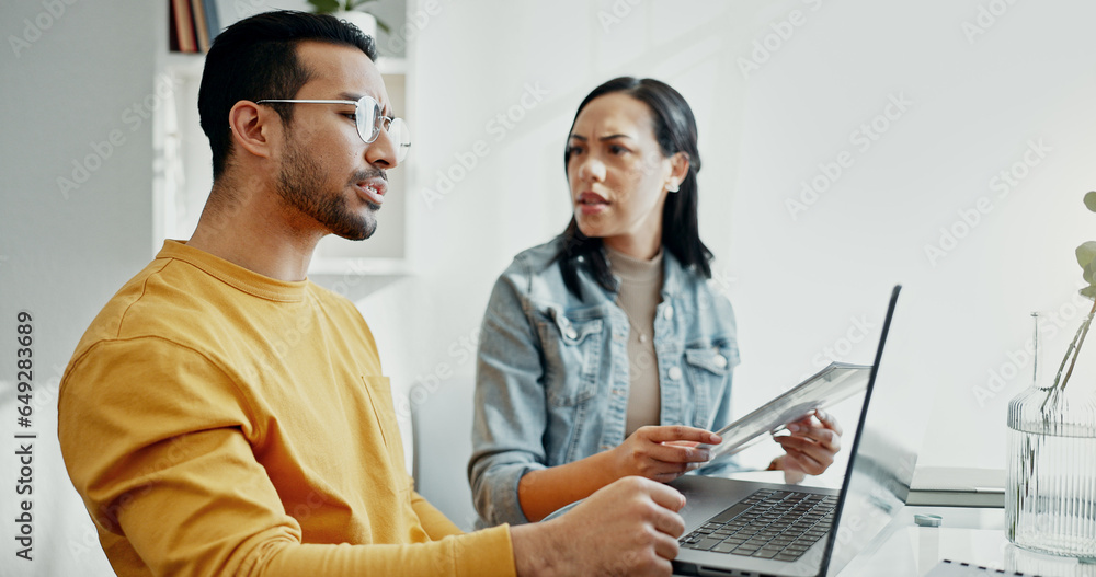 Obraz premium Finance, stress and couple in argument in planning a budget, investment with money or banking online in home. People, fight and talk about tax, documents or financial anxiety from mortgage or bills