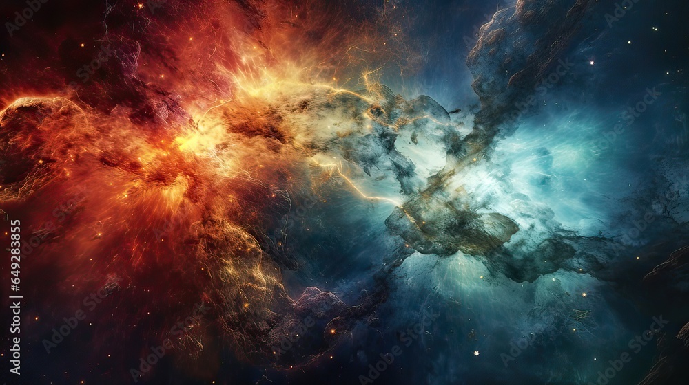 Fototapeta premium Galactic clash, celestial fireworks, cosmic merger, astral wonder, stellar impact, breathtaking celestial display, cosmic drama. Generated by AI.