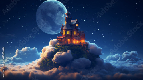 House on clouds in moonlight