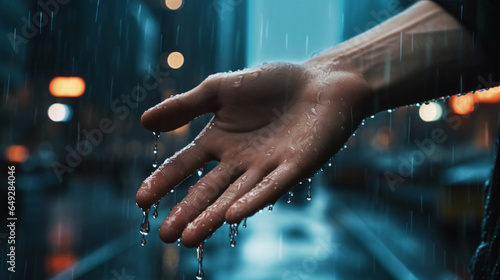 Human hand of an young man under rain. © Little