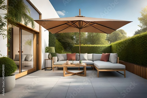 Patio with garden furniture and parasol 