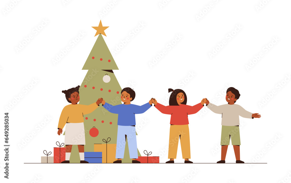 Happy children hold hands near decorated xmas tree. Merry Christmas festive design with kids, green fir with toys and garland. Elementary students celebrate new year eve. Vector illustration. Happy children hold hands near decorated xmas tree. Merry Christmas festive design with kids, green fir with toys and garland. Elementary students celebrate new year eve. Vector illustration.