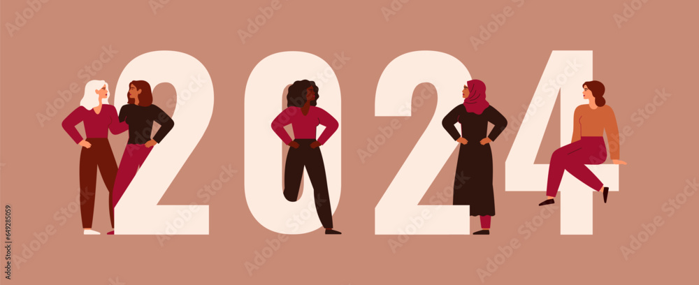 Women stand together near big 2024. Happy new year banner with females of different nationalities and cultures. Concept of unity and female empowerment movement. Vector illustration