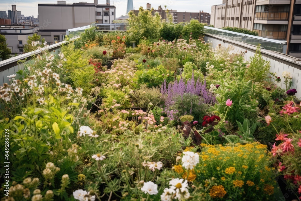 Urban Farm. Roof top urban farming organic garden with various vegetables plants, illustrating the potential for green spaces in city environments