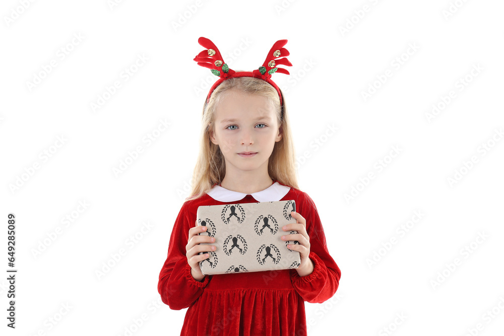 PNG, Little girl with Christmas box isolated on white background PNG, Little girl with Christmas box isolated on white background