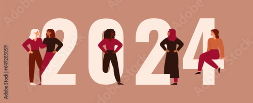Women stand together near big 2024. Happy new year banner with females of different nationalities and cultures. Concept of unity and female empowerment movement. Vector illustration