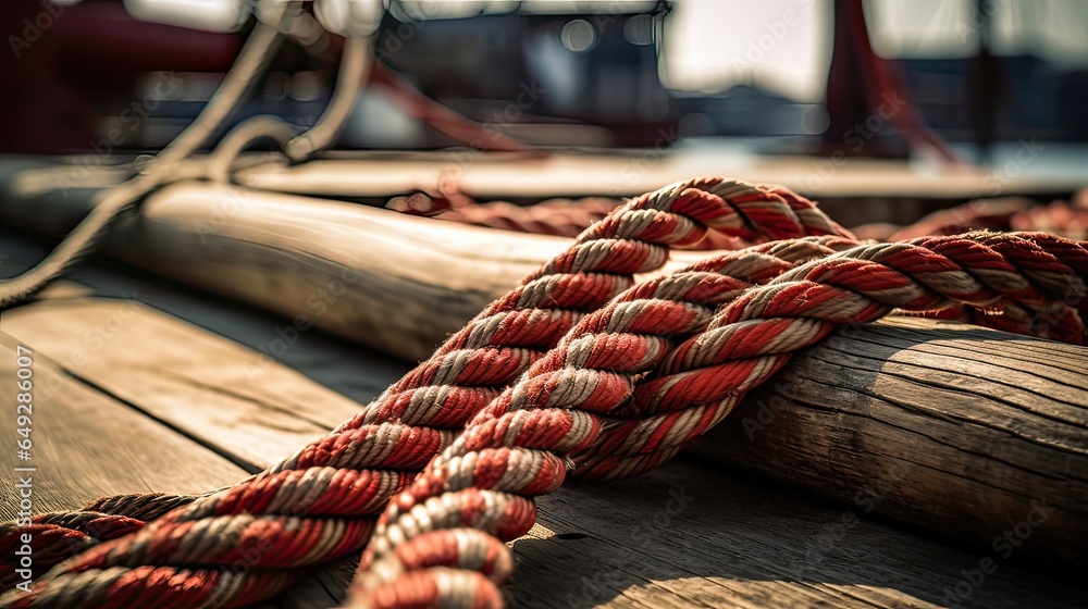 Knotted rope, skillfully thrown to secure the ship, ensuring its safety amid the unpredictable sea. Nautical skill, maritime artistry. Generated by AI.