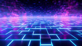 Neon glow cyan blue and purple perspective grid room, cyberspace, digital techonology and VR concept, retro future abstract background.