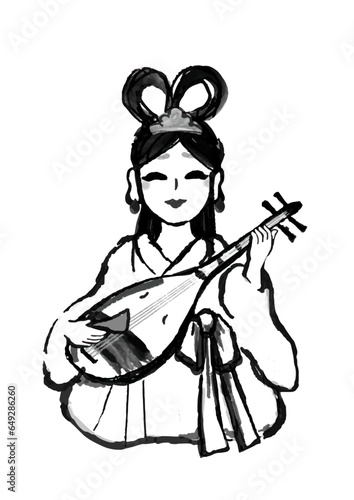 七福神の弁財天の手描き和風イラスト