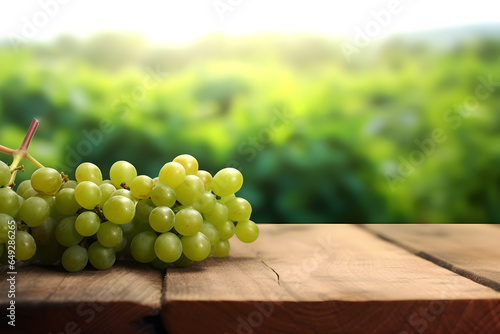 Fresh green grapes on wooden table and blurred vineyard on the background, space for display product.