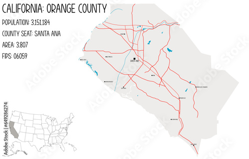 Large and detailed map of Orange County in California, USA.