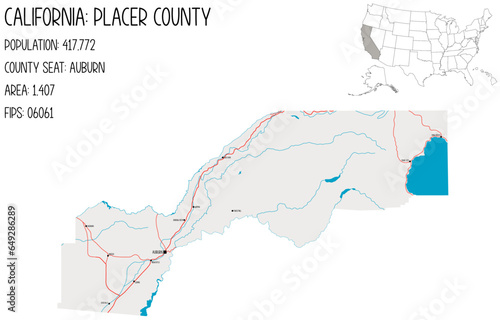 Large and detailed map of Placer County in California, USA.