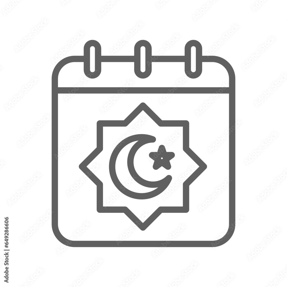Islamic date icon for eid and muslim fasting ramadan kareem . Calendar page with muslim moon and star. Arabic months name Lunar Hijri. Glyph style vector illustration design Islamic date icon for eid and muslim fasting ramadan kareem . Calendar page with muslim moon and star. Arabic months name Lunar Hijri. Glyph style vector illustration design