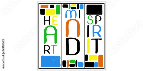 Heart, mind, spirit. Square triptych painting. Colorful inscription, inspiring and motivating wall painting. Colorful bricks background and slogan - Heart, mind, spirit.