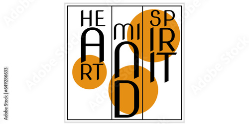 Heart, mind, spirit. Square triptych painting. Colorful inscription, inspiring and motivating wall painting. Orange circles background and slogan - Heart, mind, spirit.