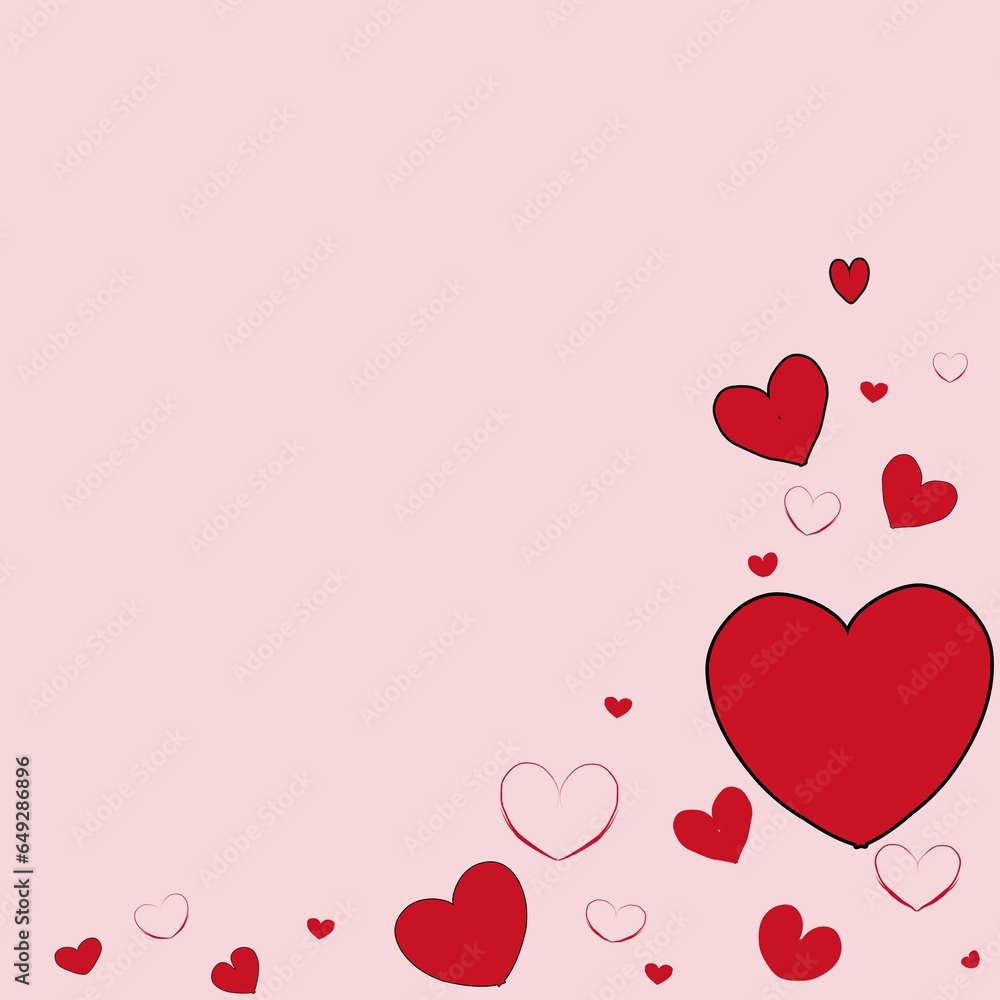 Minimalist light pink background with red love decoration in the bottom corner.  Negative space.