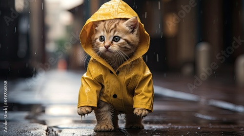 A cat in a yellow coat is walking